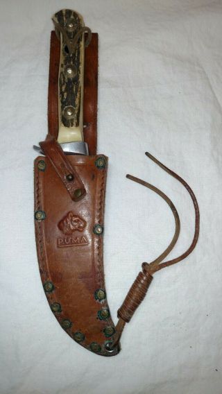 Vintage Puma 6393 Skinner Knife Stag Handle Leather Sheath