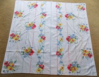 Vintage Yellow Red Blue Floral Cotton Tablecloth 50 X 52