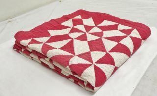 Antique 1890 ' s Handmade Hand Stitched Red White Snowball Pattern Quilt - 72x72 2