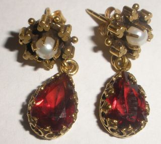 Antique Victorian 14k Yellow Gold Garnet Pearls Drop Earrings