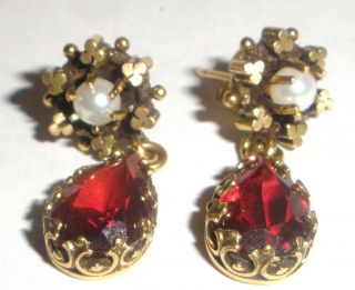 Antique Victorian 14k yellow gold garnet pearls drop earrings 2