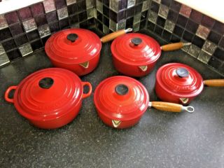 Vintage Le Creuset Volcanic Red Pouring Saucepan Set With Lids X 4 And Casserole