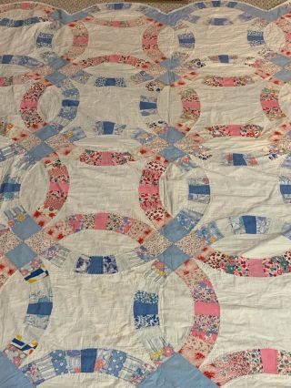 Vintage Hand Quilted Double Wedding Ring Quilt Blue Pink 77 " X 77 " 8