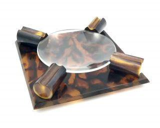 French Vintage Art Deco Faux Tortoise Celluloid And Glass Ashtray
