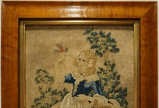 SMALL EARLY/MID 19TH CENTURY SILK WORK OF A YOUNG MAIDEN HOLDING A BIRD - c.  1840 2