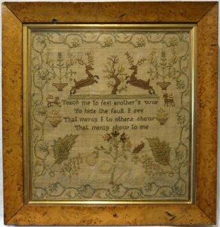 Early/mid 19th Century Prancing Stags Sampler By Mary Challand Aged 9 - 1842