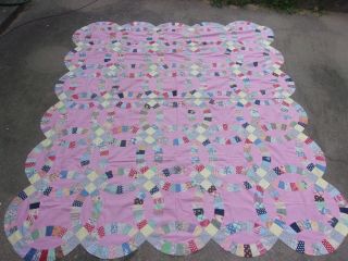 Vintage Hand - Stitched Double Wedding Ring Quilt Top Only - 89 " X 75 " - Pink
