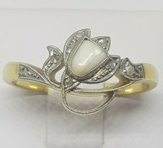 Extremely Rare Victorian Ring Tooth 18k Gold & Diamonds Ca 1890 Flower Design