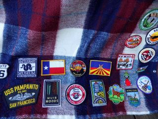 80 Usa Travel Patches On Snuggie Blanket Wrap Tennessee Woolen Mills Plaid Vtg