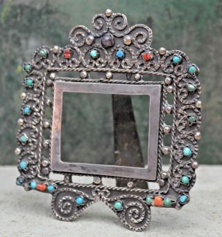 Vintage Taxco Mexican Sterling Silver Amethyst Turquoise Picture Frame Matl Era