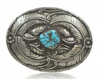Signed Vintage Handmade Navajo Old Pawn Sterling Silver & Turquoise Belt Buckle
