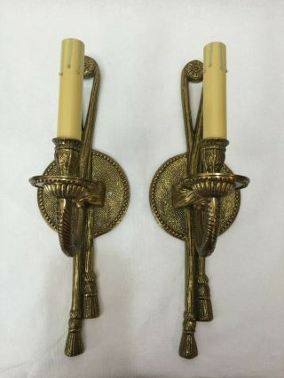Vintage Pair Bronze Ornate Rope & Tassels Light Wall Sconce,  Made In Spain,  15 "
