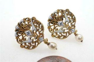 Unusual Antique 14k Gold Pearl Drop Enamel St Esprit Dove Earrings