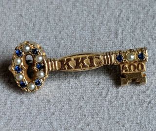 1985 Vtg.  Kappa Kappa Gamma Sorority Key Pin - 10k Gold W/ Sapphires And Pearls