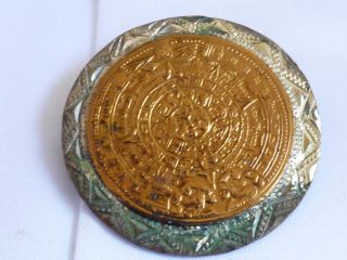 Vtg Mayan Aztec Calendar 925 Sterling Silver Gold Tone Mexico Pin Brooch Pendant