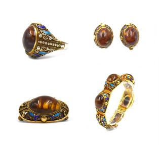 Antique Chinese Export Enamel Bracelet Pin Earring & Ring Suite Silver Vermeil