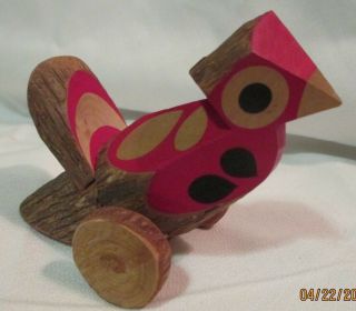 Vintage Wooden Bird Figurine Japan Wheels Hand Carved 3 " X 4 "
