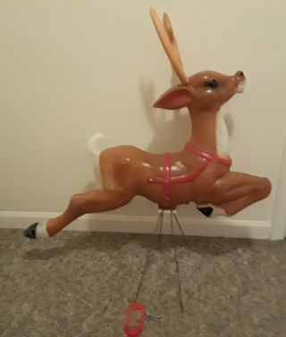 Christmas Reindeer Blow Mold W/ Antlers,  Reins & Cord Vtg W/ Bracket & Stand - 28 "
