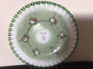 Milk Glass Plate,  Hand Painted W/ Clear Green Glass Ruffle,  8 - 1/4”