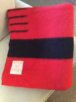 Hudson Bay 4 Point 100 Wool Red Black Striped 84”x70” England Vintage