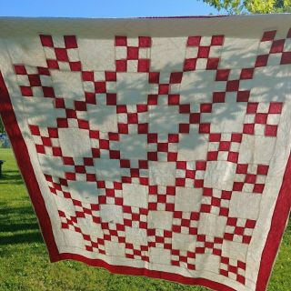 Vintage Hand Sewn And Quilted Irish Chain Red And White Quilt 66 " X 80 "