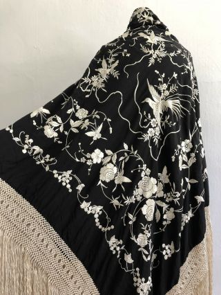 Antique Black & White Embroidered Silk Piano Shawl Birds Florals Butterflies Vtg