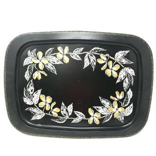 Large Metal Serving Tray Vintage Hand Painted Black Yellow Floral Dogwood