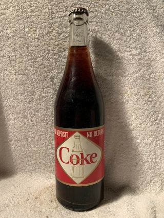 Full 26oz Coca - Cola Diamond Paper Label No Deposit Soda Bottle