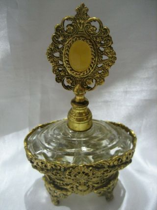 Estate Vintage Signed Globe 24k Gold Plated Ormolu Amber Glass Perfume Bottle