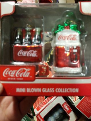 Coca Cola Mini Blown Glass Christmas Ornament Set 6 Pack Coke & Vending Machine