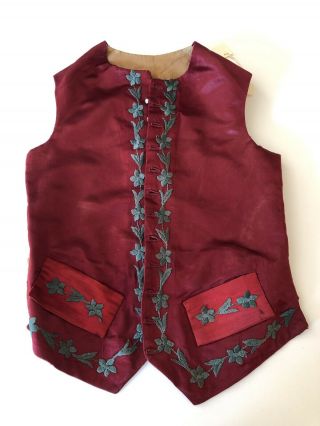 Antique Textiles - Circa 19thc.  Child’maroon Silk Waistcoat Withembroidery