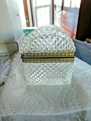 Vintage Cut Crystal Jewelry Box Casket Diamond Point w Ormolu 2