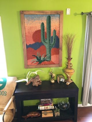 Vintage Carpet Art Framed Hanging Cactus Desert Frame Finished Latch Hook