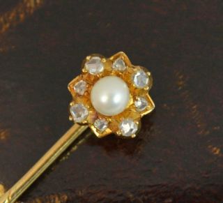 Victorian 18ct Gold & Rose Cut Diamond And Pearl Cluster Stick Tie Pin T0538