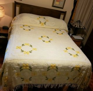 Vintage Yellow Floral Chenille Bedspread 115 " X 96 Queen King Orange Green White