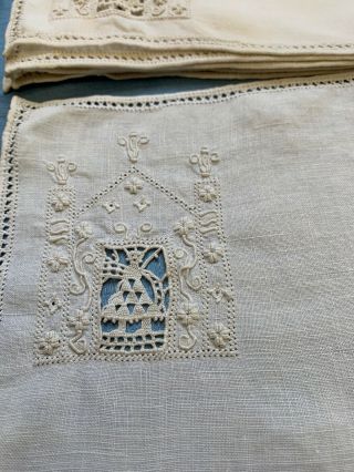 Antique Figural Lace Linen Placemats /italy Set/10 Riccio Reticella Embroidered