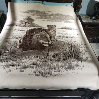 Vintage San Marcos Blanket 90 " X 78 " Reversible Brown/tan Lion & Lioness