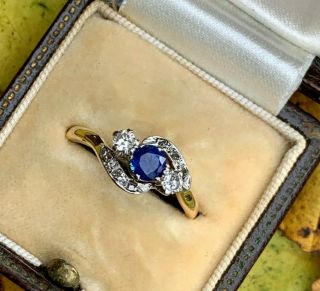 18ct Yellow Gold & Platinum Art Deco Sapphire And Diamond Trilogy Ring Size O