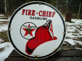 Vintage 1951 Texaco Fire - Chief Gasoline Porcelain Enamel Oil Gas Fuel Pump Sign