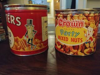 Set Of Vintage Mixed Nuts Tin Cans: Crown 12oz Can,  Planters 15oz Can
