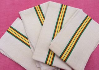 4 Vintage French Linen Metis Torchons Tea Towels Red Green Yellow Stripes