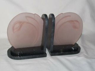 Vintage Art Deco Bookends Frosted Pink Glass Marble Base Pair
