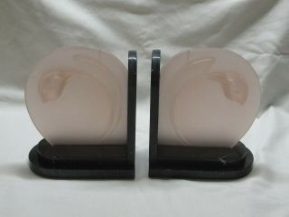 Vintage Art Deco Bookends Frosted Pink Glass Marble Base Pair 2