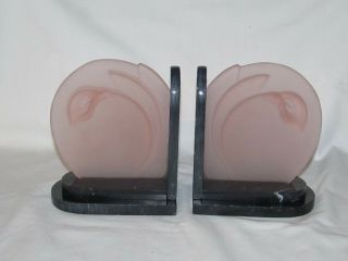 Vintage Art Deco Bookends Frosted Pink Glass Marble Base Pair 3