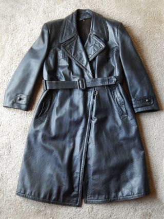 Vintage Ww2 German Officers Luftwaffe Army Leather Overcoat Greatcoat Black Us40
