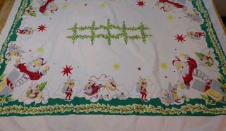 Vintage Farmhouse Christmas Holidaytablecloth Santa Elf Holly Berry 49 " X 57 "
