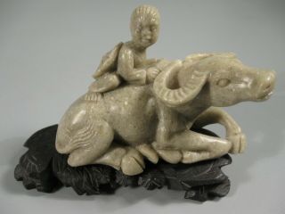 Vintage Carved Stone Asian Boy Water Buffalo