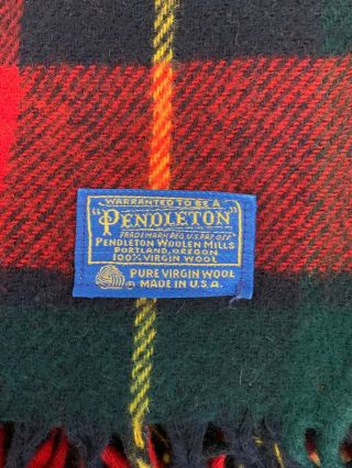 Vintage Pendleton Wool Red Multicolor Plaid Fringed Throw Blanket,  68” X 54” 2