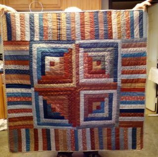 Handmade Quilt Log Cabin Patchwork Throw 47 X 47 Teals Blues Brown Rust Color