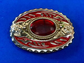 Large 4 " Red And Gold Western Belt Buckle With Large Layered Stone Centerpiece